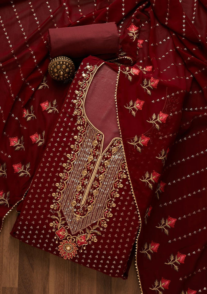 Maroon Sequins Georgette Unstitched Salwar Suit-Koskii