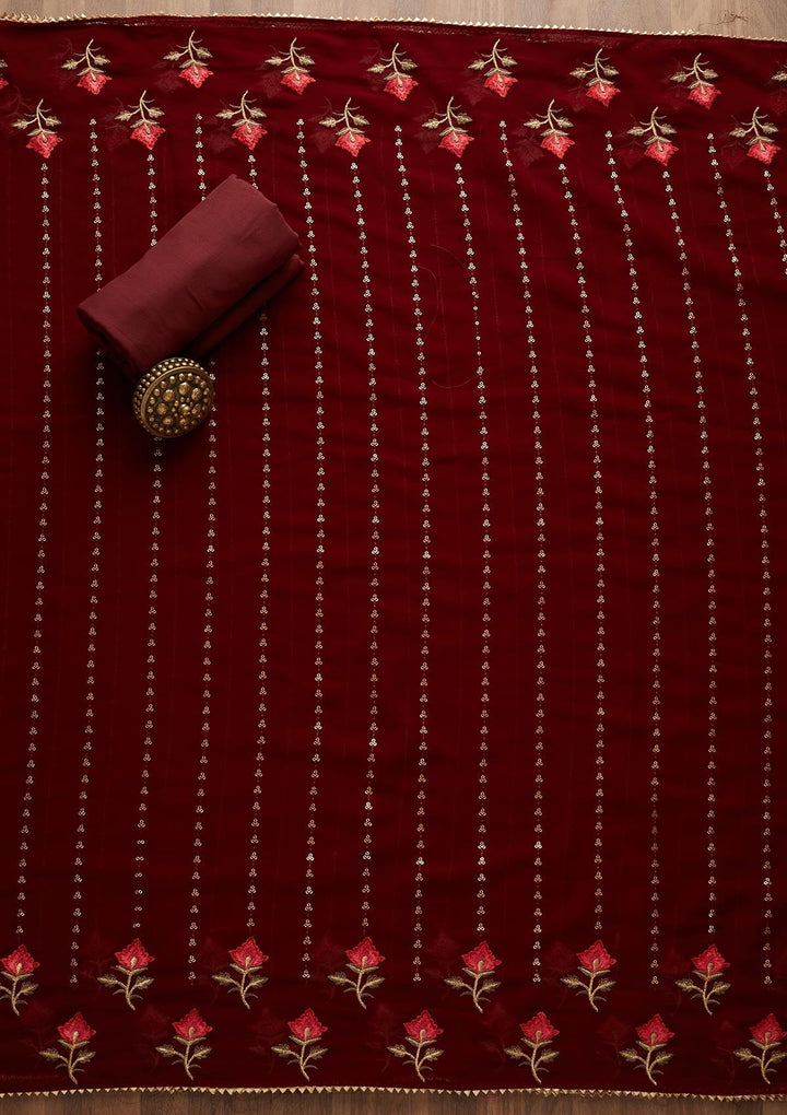 Maroon Sequins Georgette Unstitched Salwar Suit-Koskii
