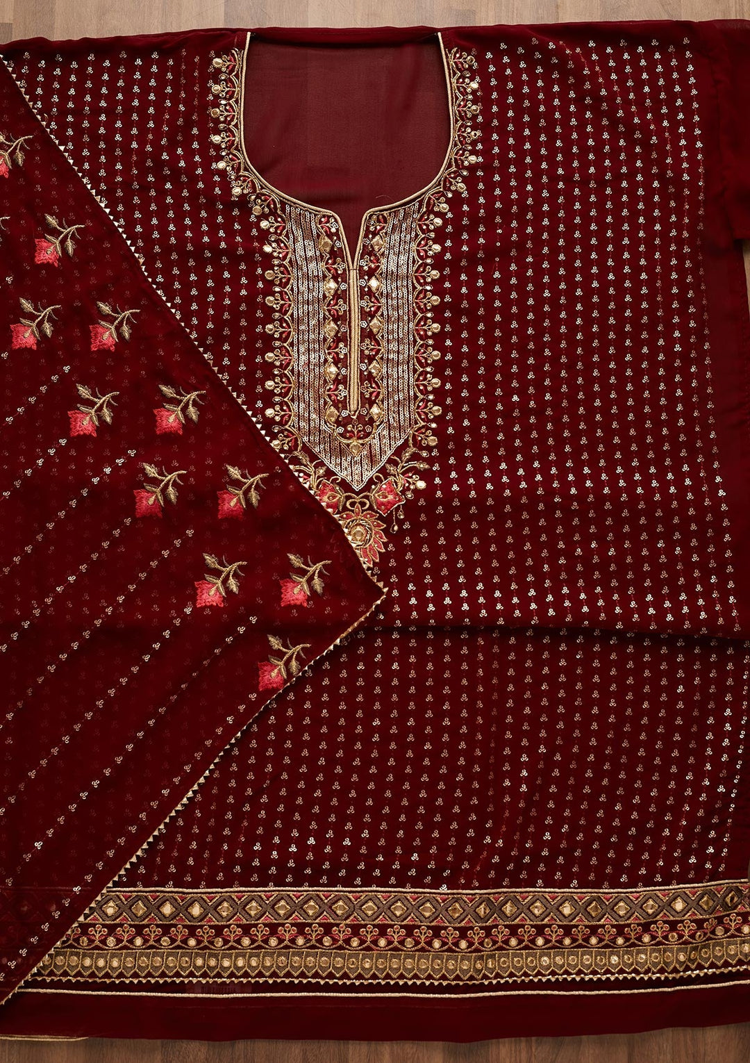 Maroon Sequins Georgette Unstitched Salwar Suit-Koskii