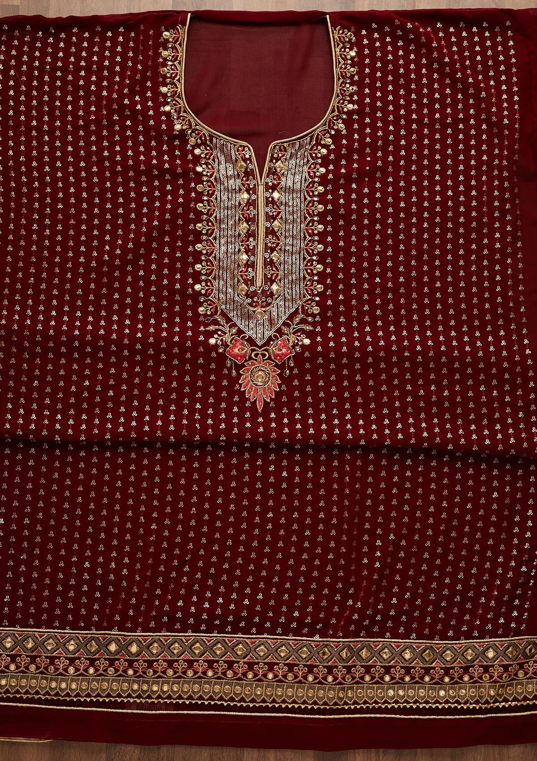 Maroon Sequins Georgette Unstitched Salwar Suit-Koskii
