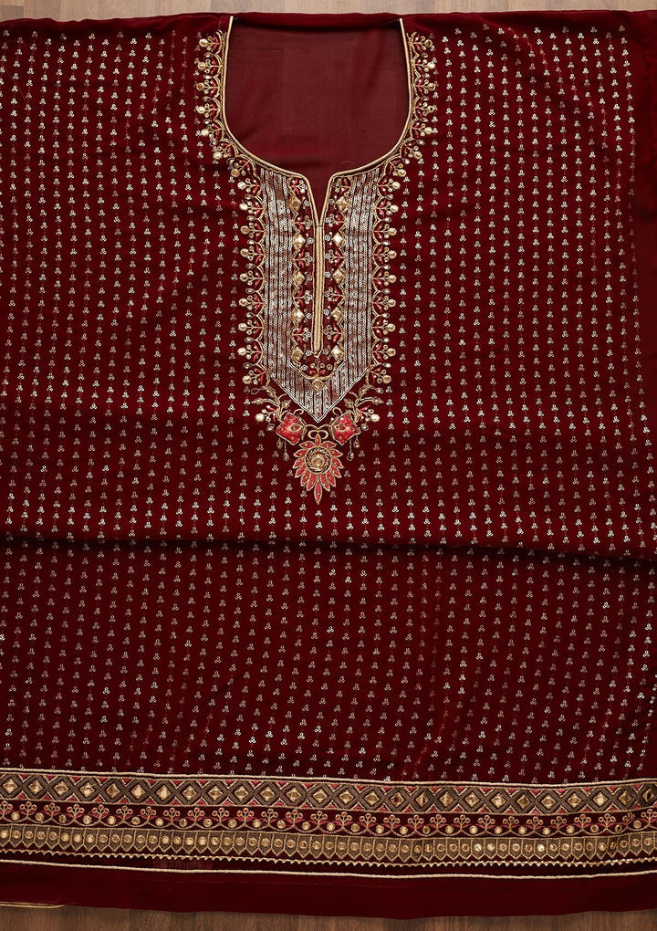 Maroon Sequins Georgette Unstitched Salwar Suit-Koskii