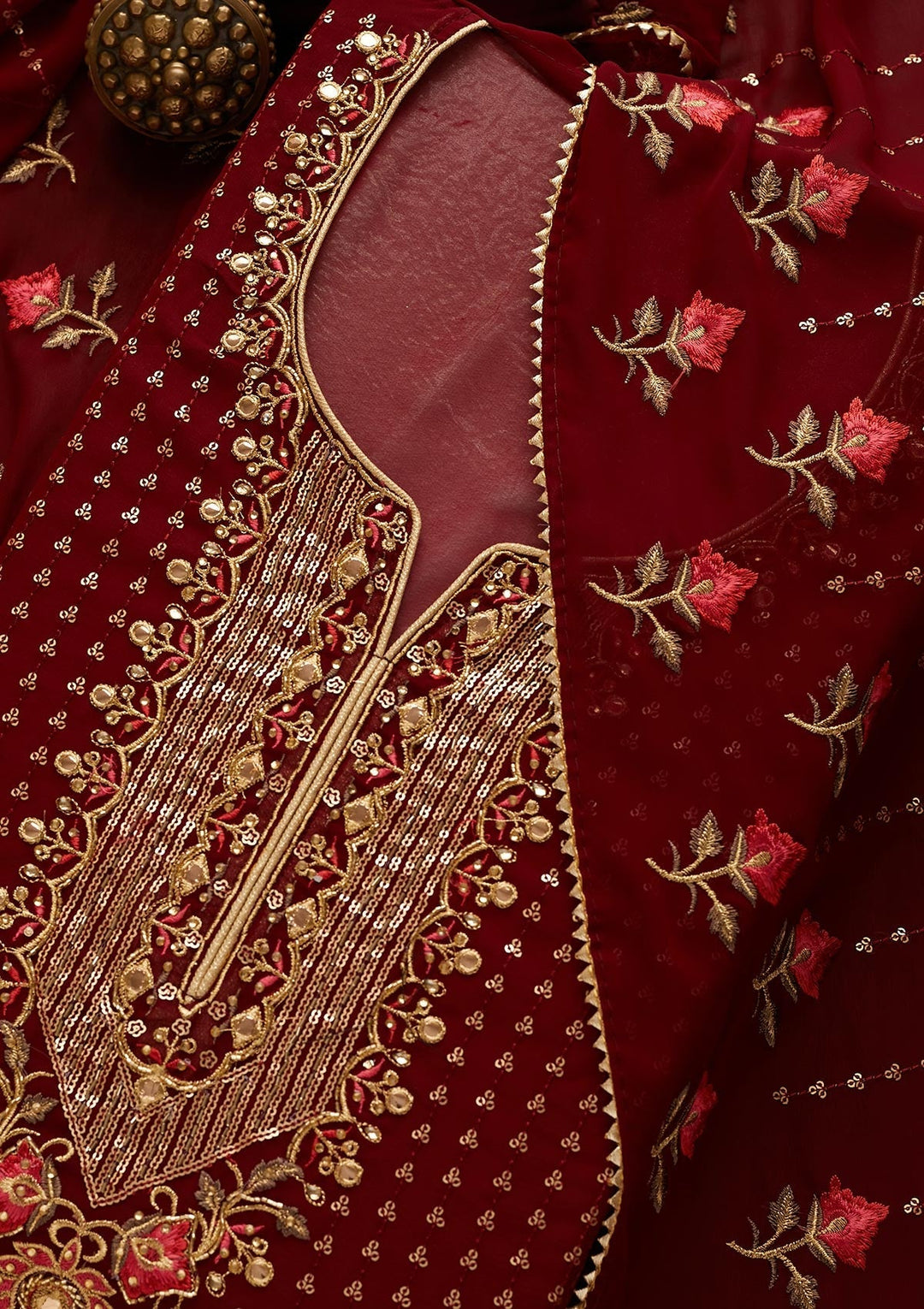 Maroon Sequins Georgette Unstitched Salwar Suit-Koskii