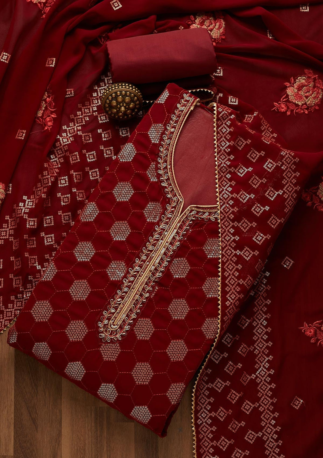 Maroon Sequins Georgette Unstitched Salwar Suit-Koskii