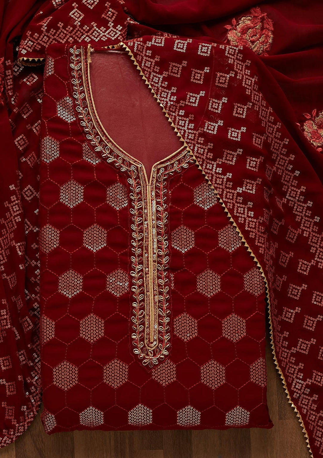 Maroon Sequins Georgette Unstitched Salwar Suit-Koskii