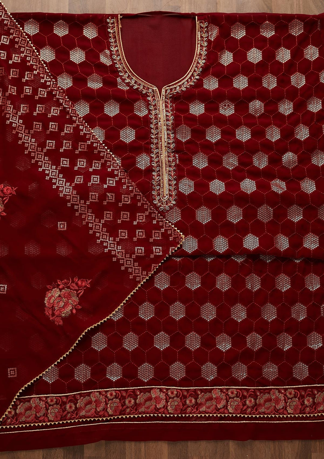 Maroon Sequins Georgette Unstitched Salwar Suit-Koskii