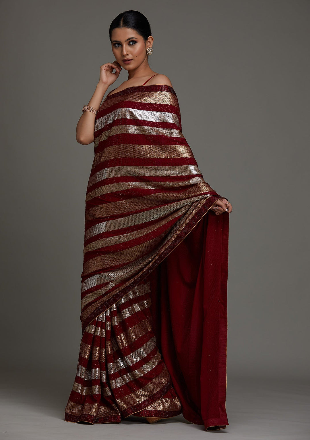 Maroon Sequins Georgette Saree- Koskii