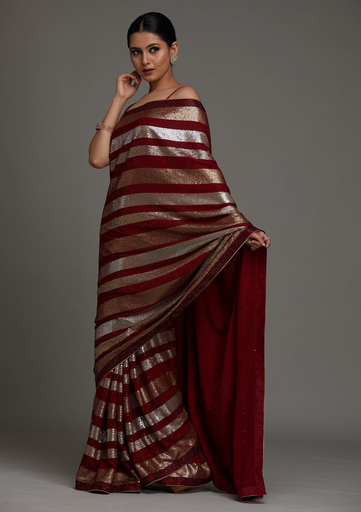 Maroon Sequins Georgette Saree- Koskii
