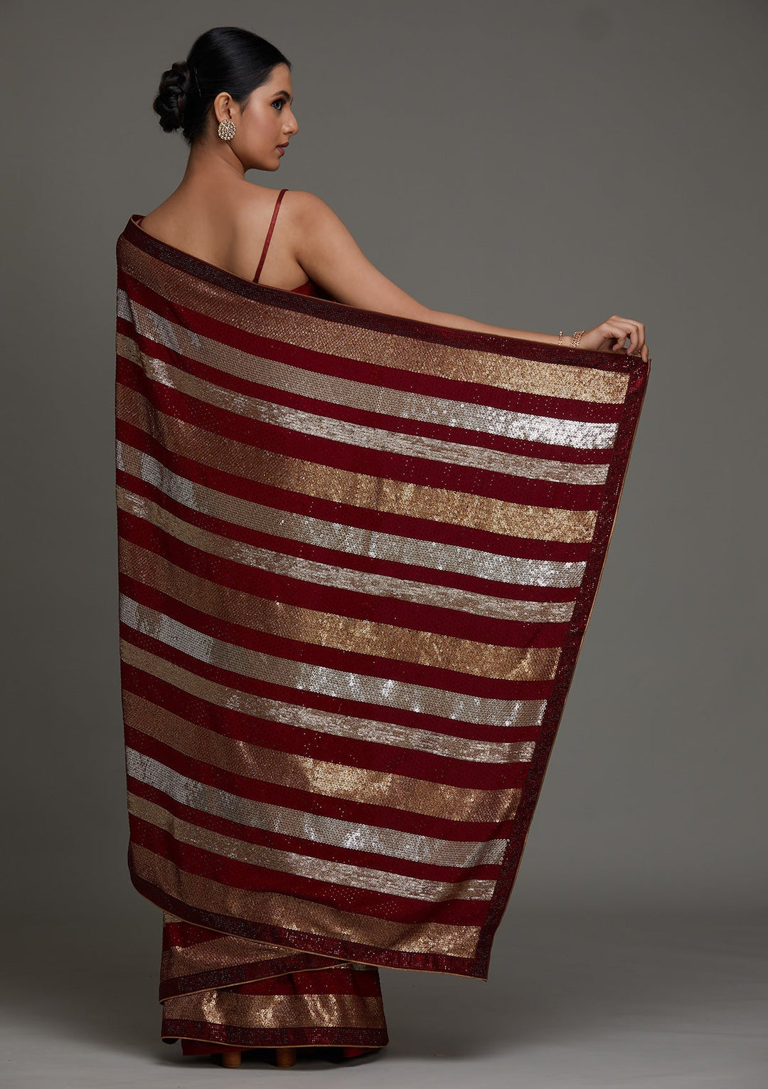 Maroon Sequins Georgette Saree - Koskii