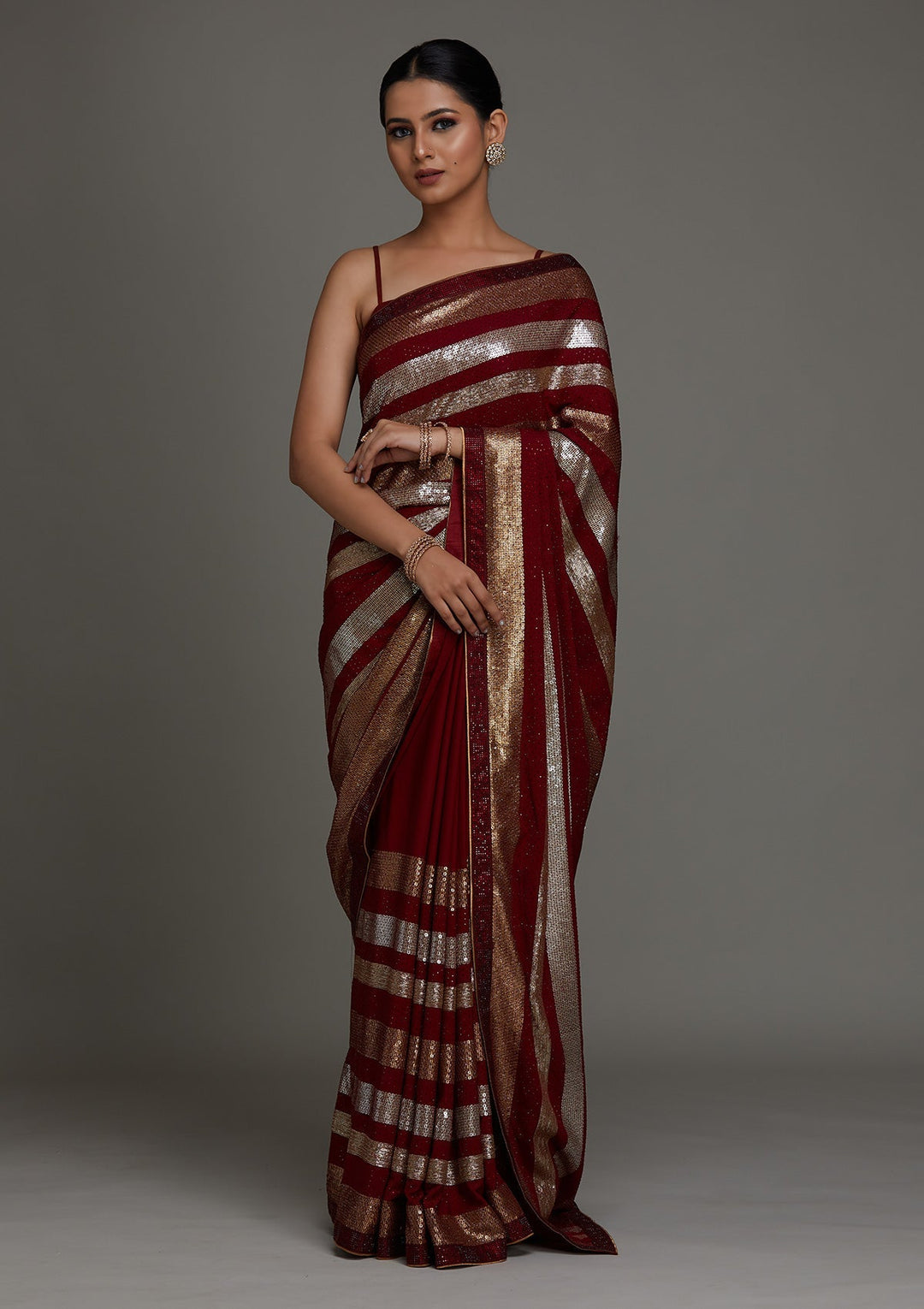 Maroon Sequins Georgette Saree - Koskii