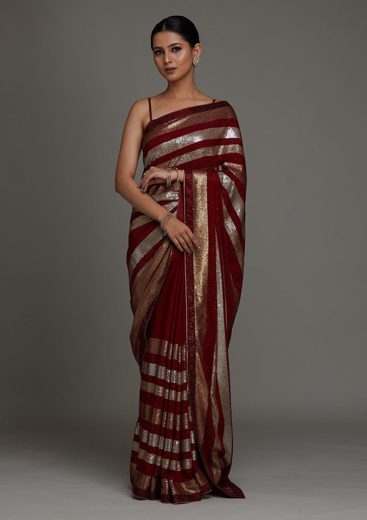 Maroon Sequins Georgette Saree - Koskii