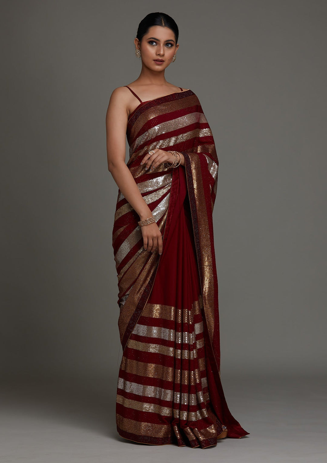 Maroon Sequins Georgette Saree - Koskii