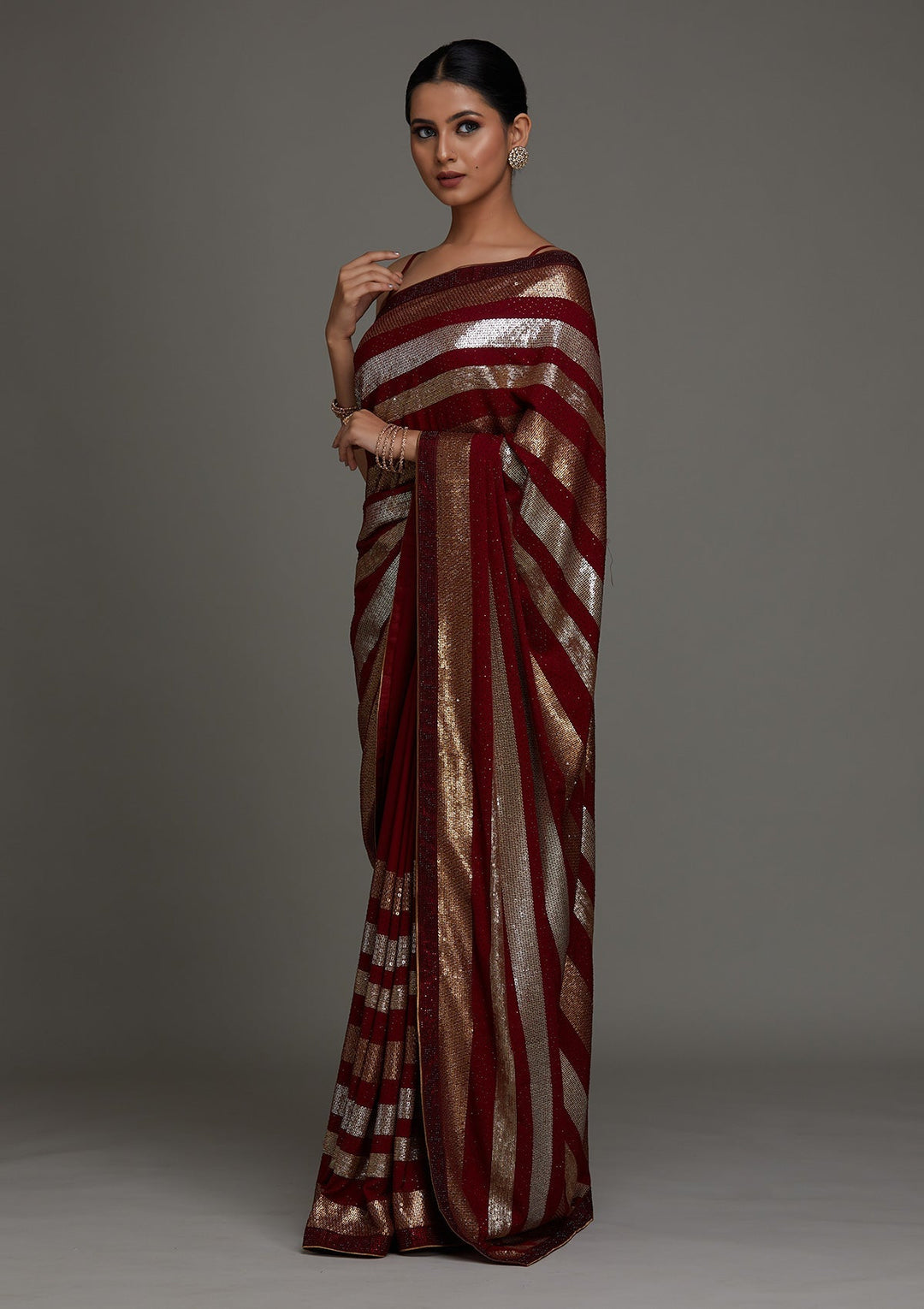 Maroon Sequins Georgette Saree - Koskii