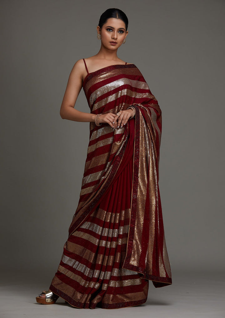 Maroon Sequins Georgette Saree - Koskii