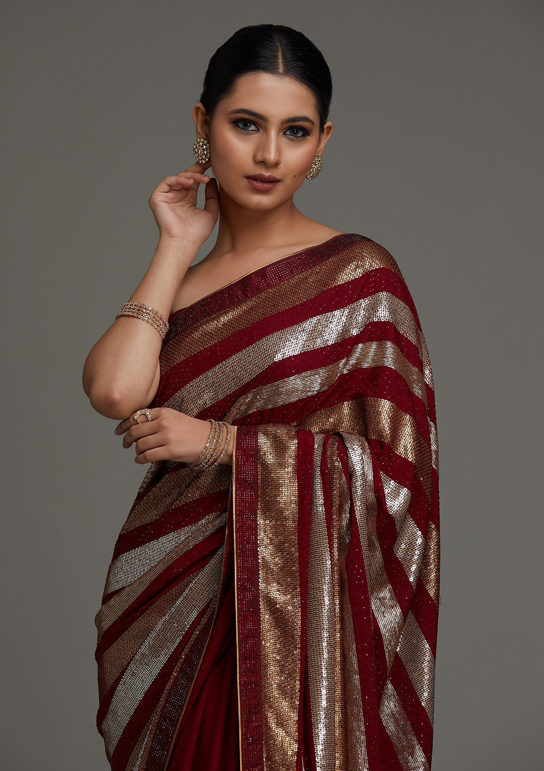 Maroon Sequins Georgette Saree - Koskii