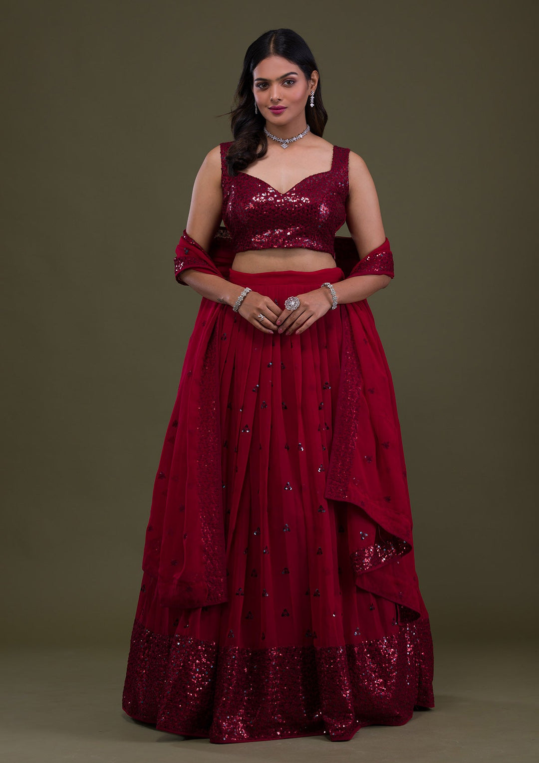 Maroon Sequins Georgette Semi-Stitched Lehenga-Koskii