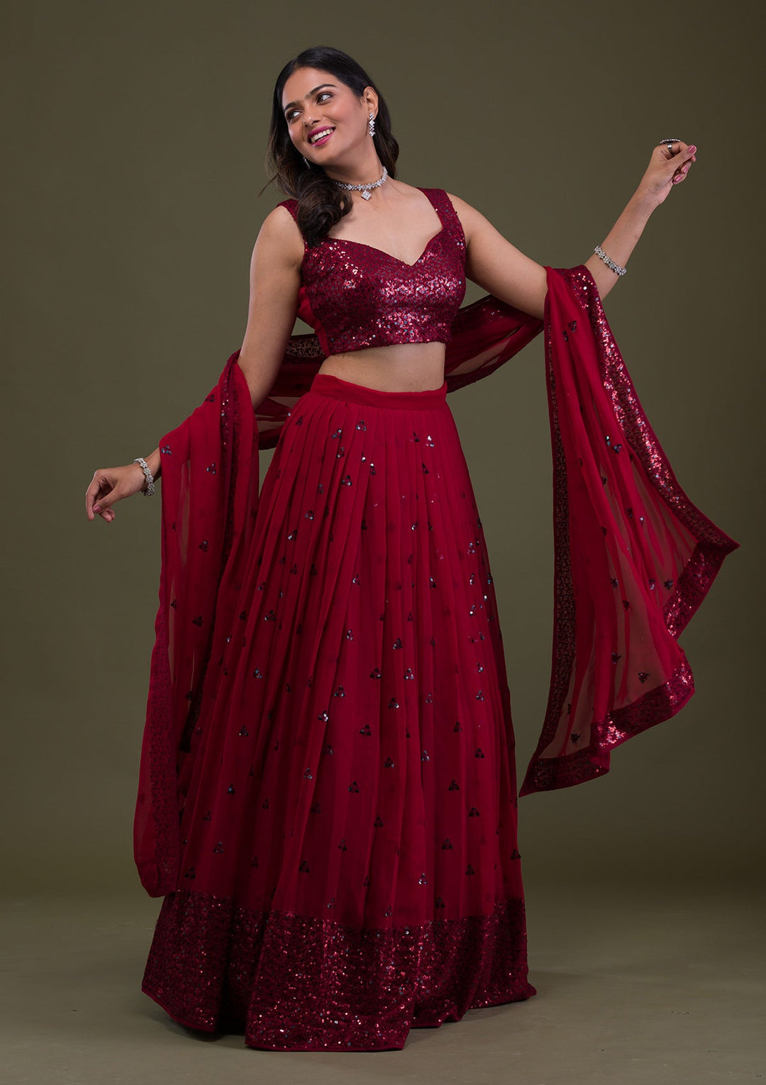 Maroon Sequins Georgette Semi-Stitched Lehenga-Koskii