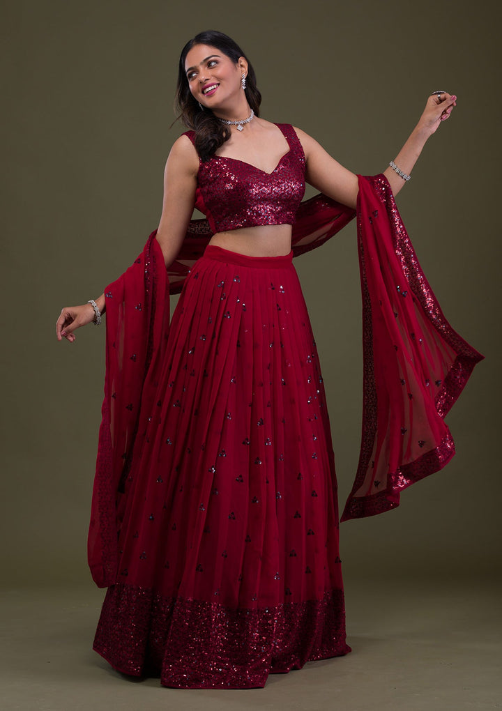 Maroon Sequins Georgette Semi-Stitched Lehenga-Koskii