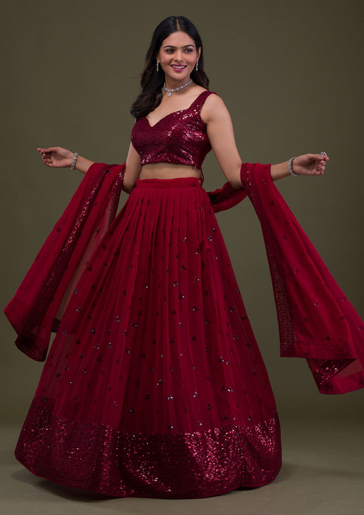 Maroon Sequins Georgette Semi-Stitched Lehenga-Koskii