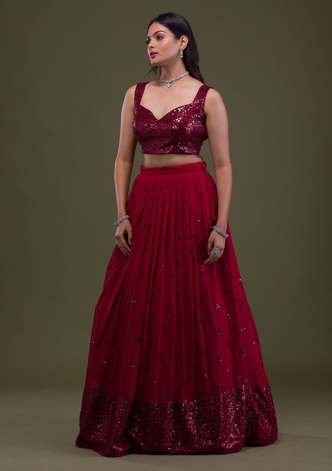 Maroon Sequins Georgette Semi-Stitched Lehenga-Koskii