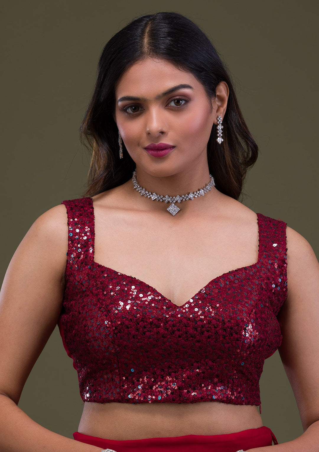 Maroon Sequins Georgette Semi-Stitched Lehenga-Koskii