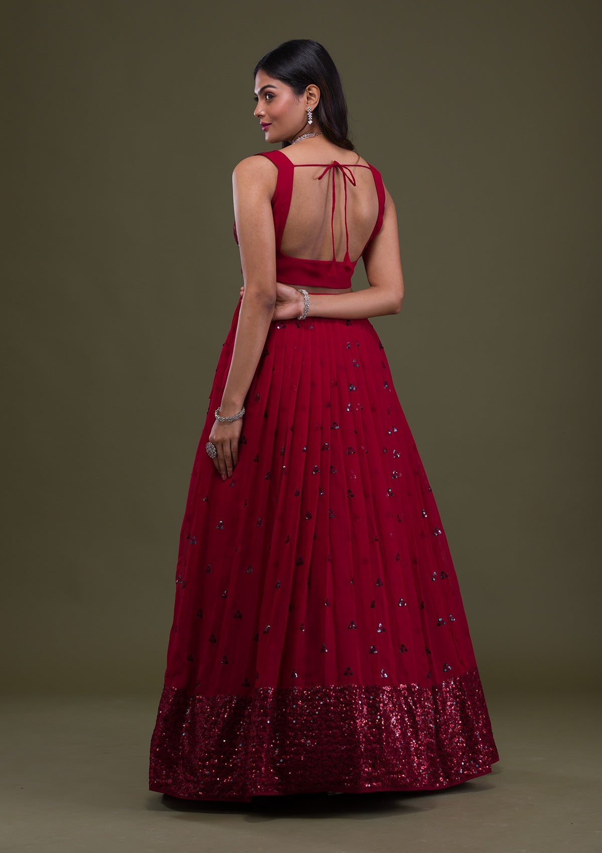 Maroon Sequins Georgette Semi-Stitched Lehenga-Koskii