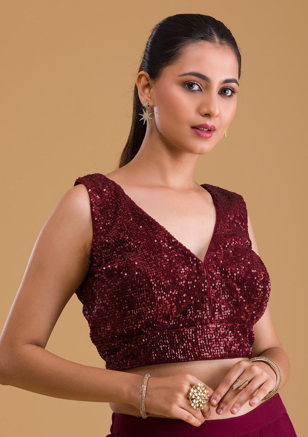 Maroon Sequins Net Blouse-Koskii