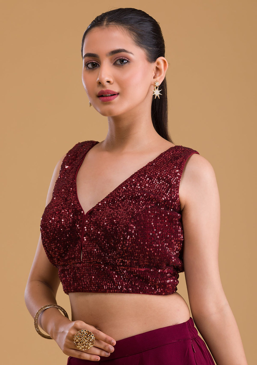 Maroon Sequins Net Blouse-Koskii