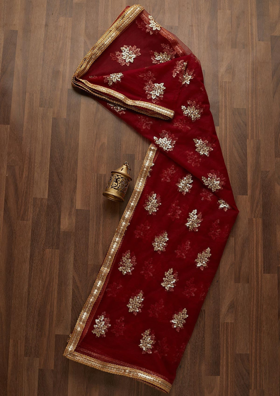 Maroon Sequins Net Readymade Dupatta- Koskii