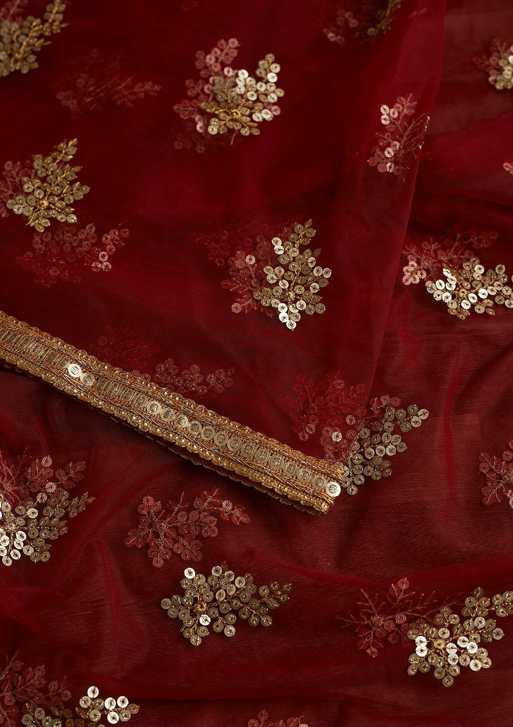 Maroon Sequins Net Readymade Dupatta - Koskii