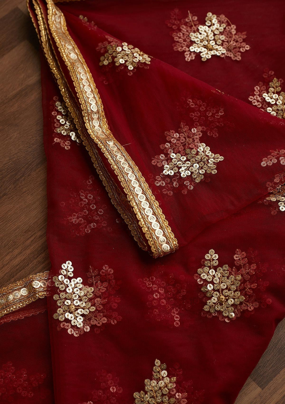 Maroon Sequins Net Readymade Dupatta - Koskii