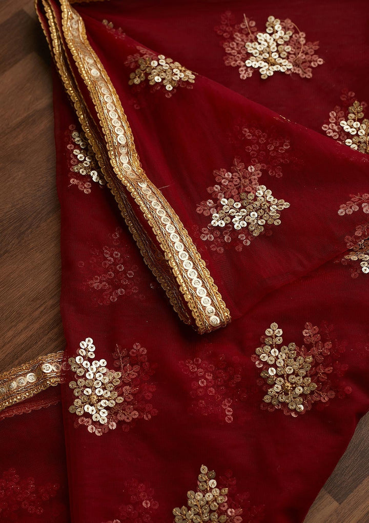 Maroon Sequins Net Readymade Dupatta - Koskii