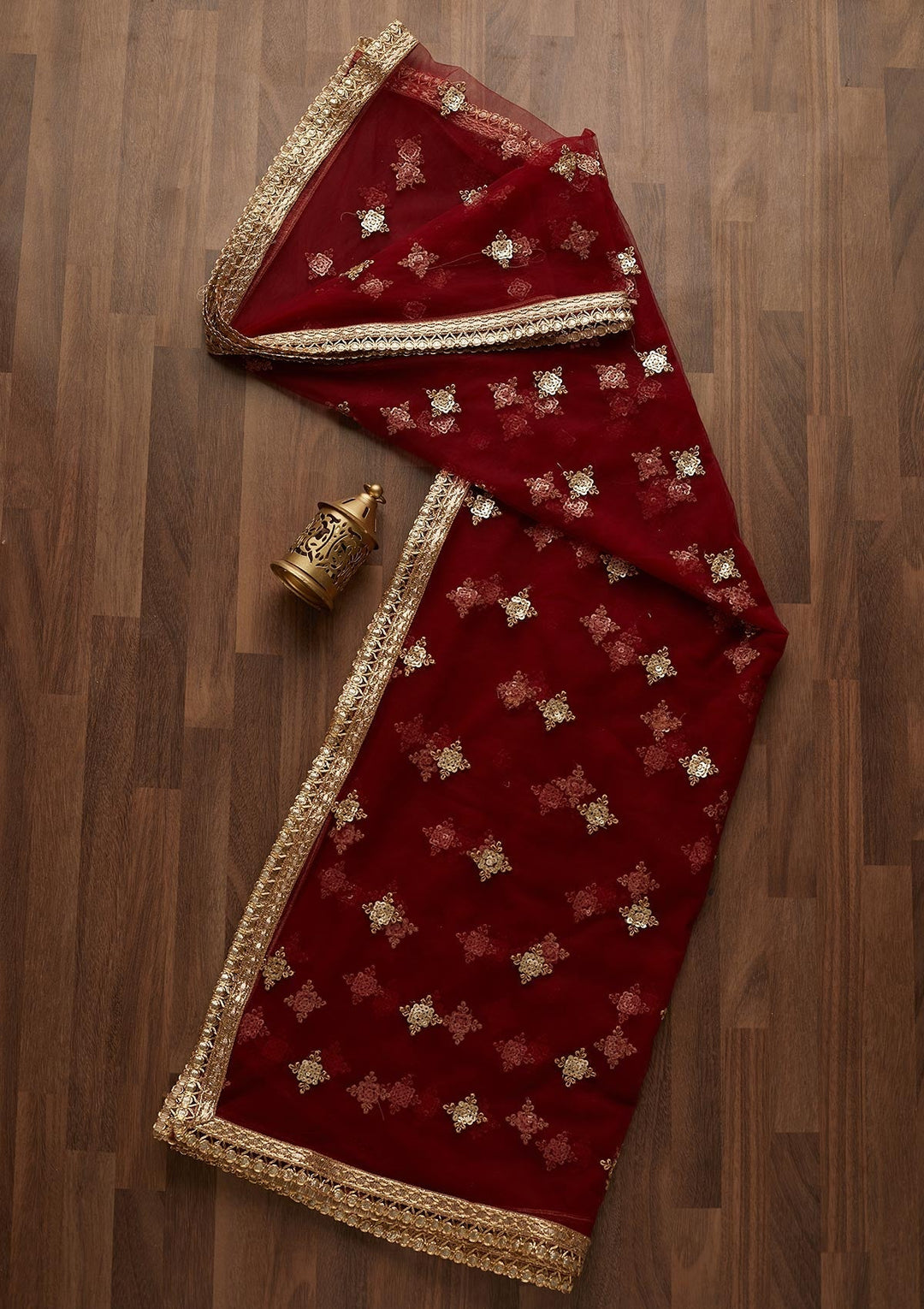 Maroon Sequins Net Readymade Dupatta- Koskii