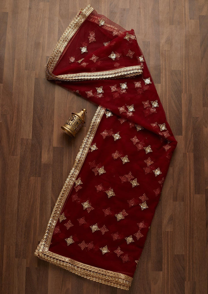 Maroon Sequins Net Readymade Dupatta- Koskii