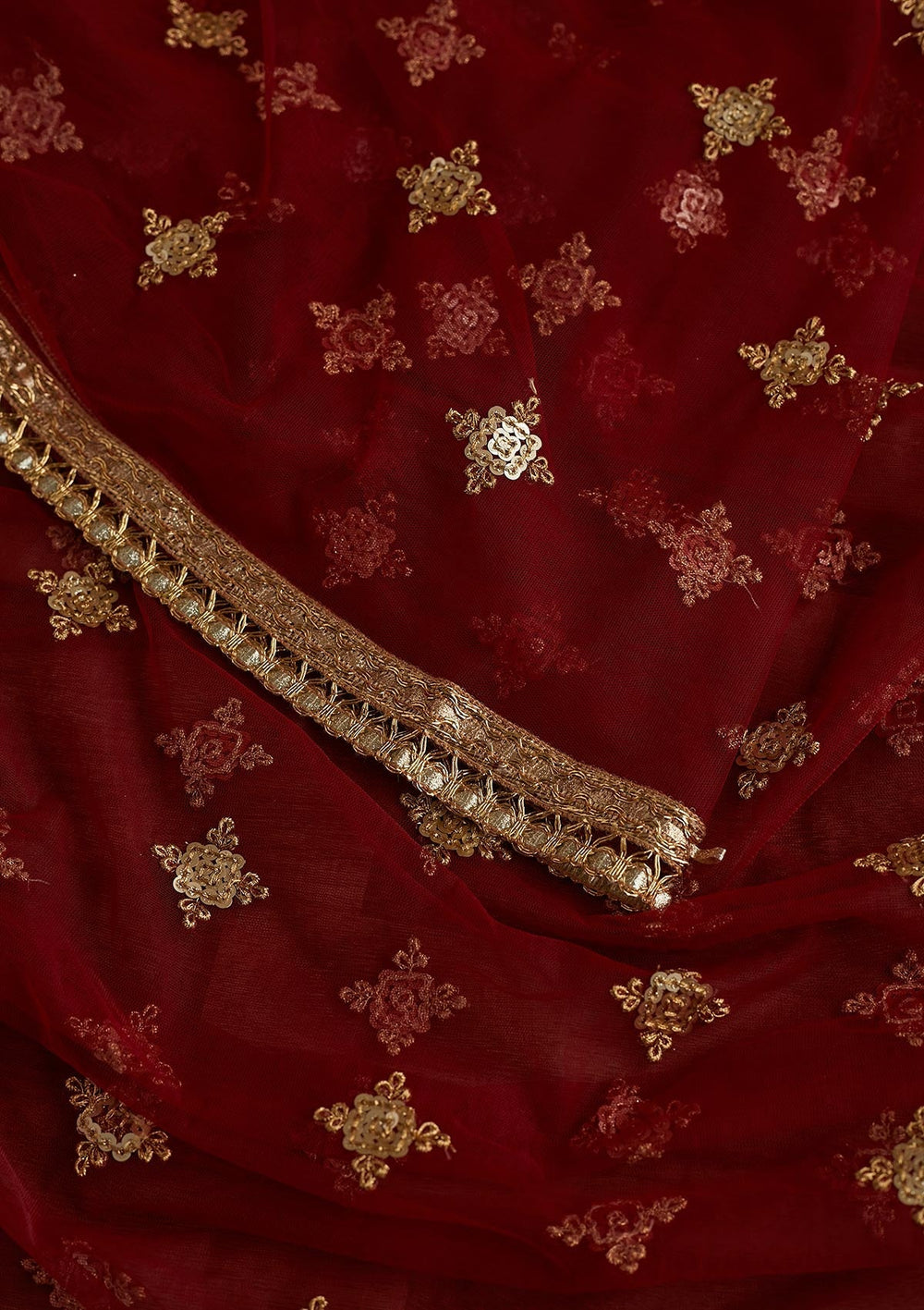 Maroon Sequins Net Readymade Dupatta - Koskii
