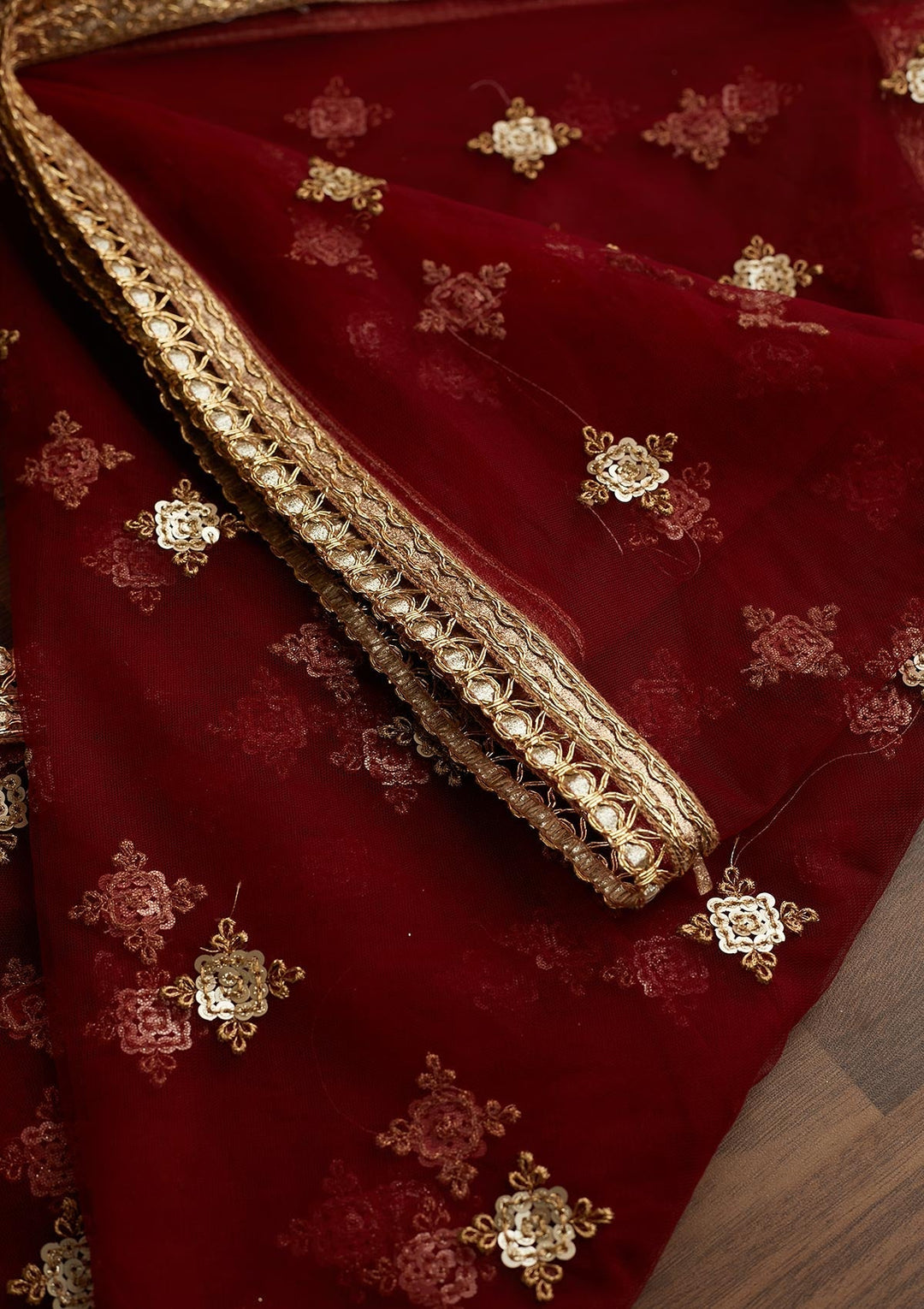 Maroon Sequins Net Readymade Dupatta - Koskii