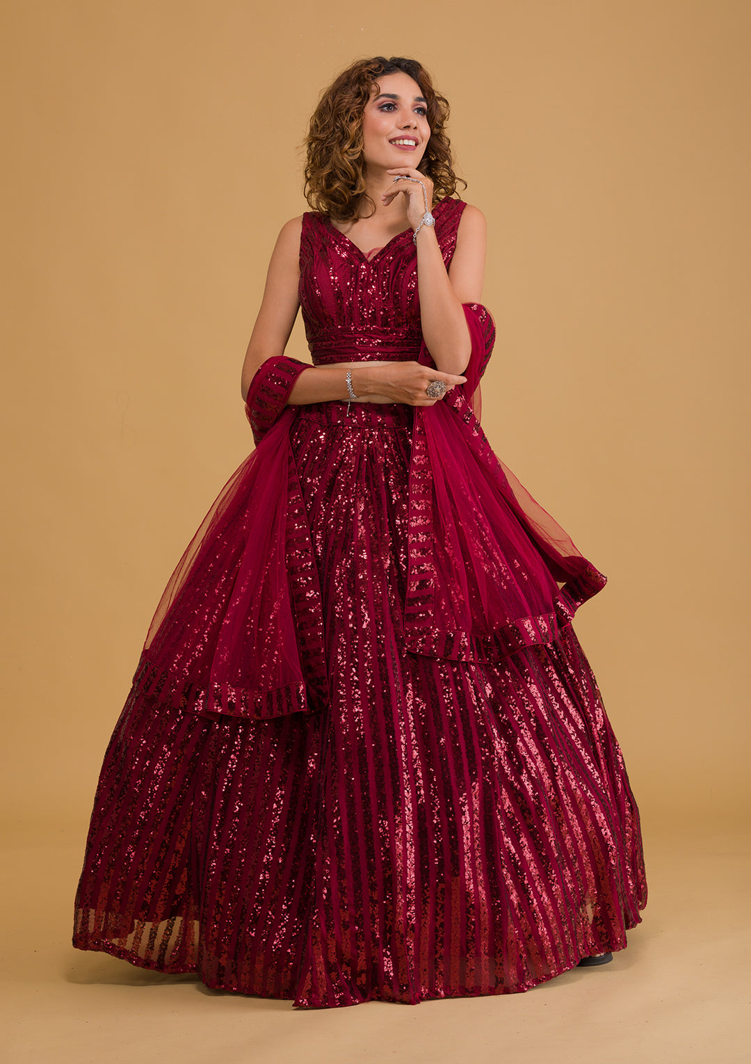 Maroon Sequins Net Readymade Lehenga-Koskii