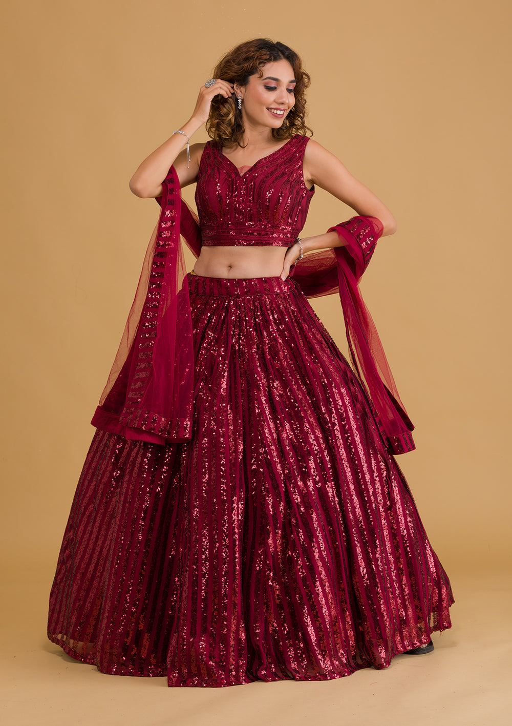 Maroon Sequins Net Readymade Lehenga-Koskii