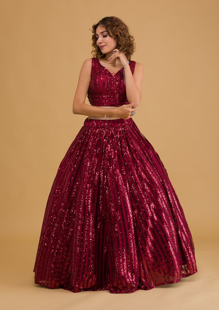 Maroon Sequins Net Readymade Lehenga-Koskii