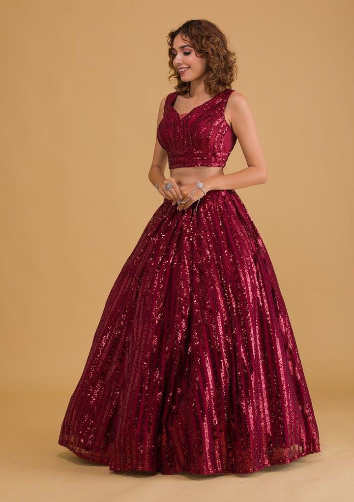 Maroon Sequins Net Readymade Lehenga-Koskii