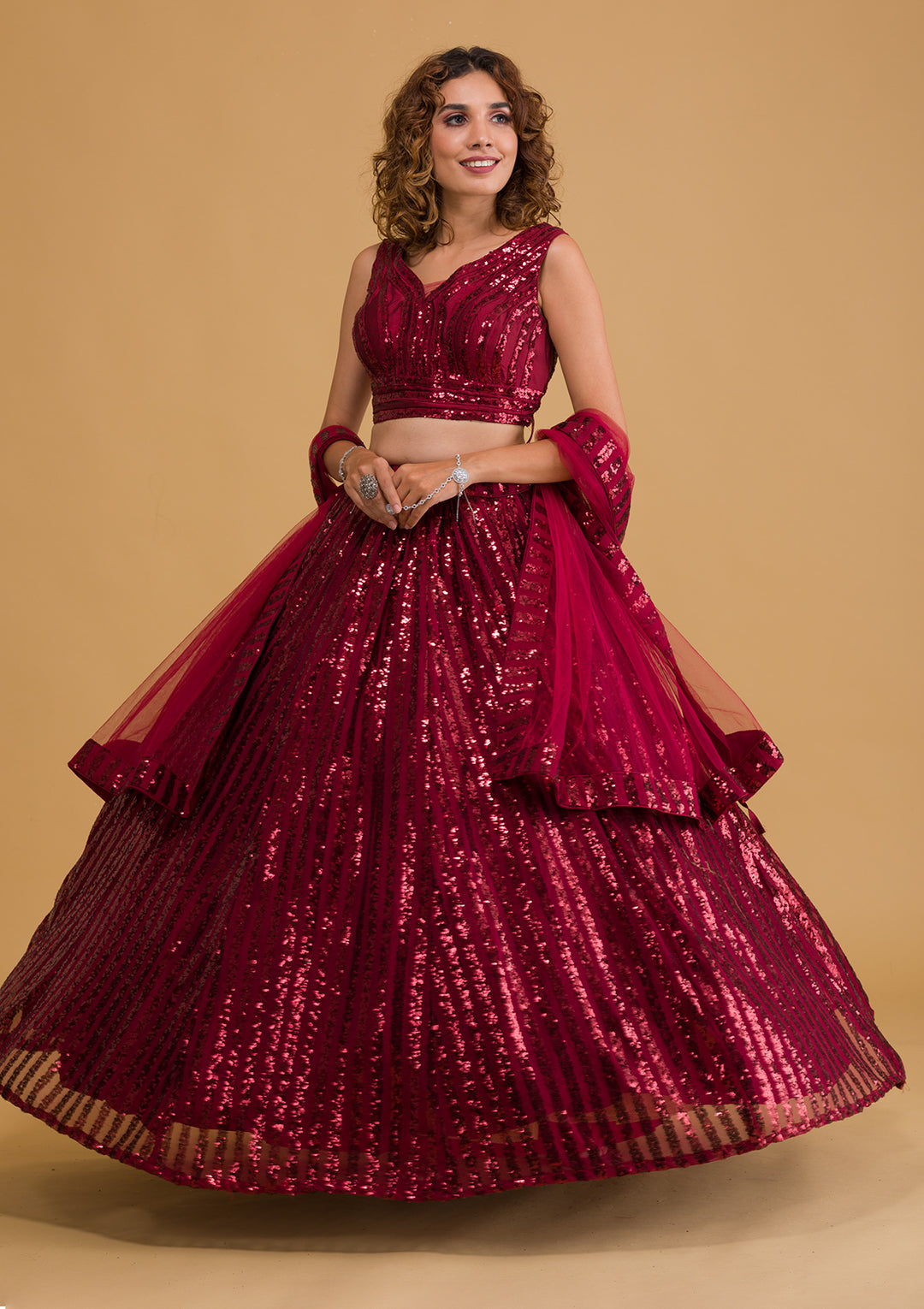 Maroon Sequins Net Readymade Lehenga-Koskii