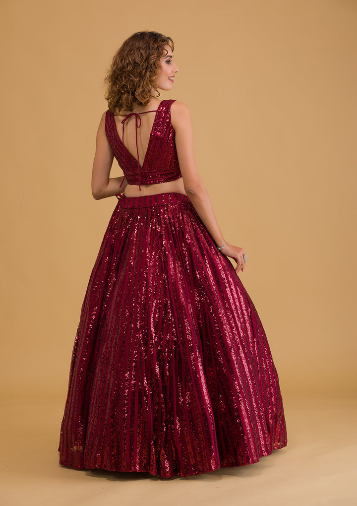 Maroon Sequins Net Readymade Lehenga-Koskii