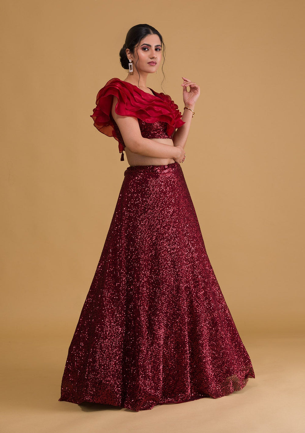 Maroon Sequins Net Readymade Lehenga-Koskii