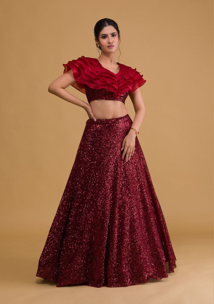 Maroon Sequins Net Readymade Lehenga-Koskii