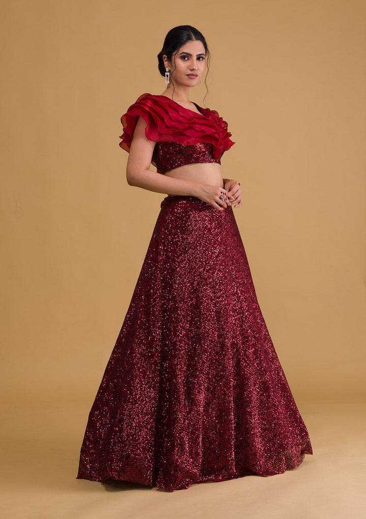 Maroon Sequins Net Readymade Lehenga-Koskii