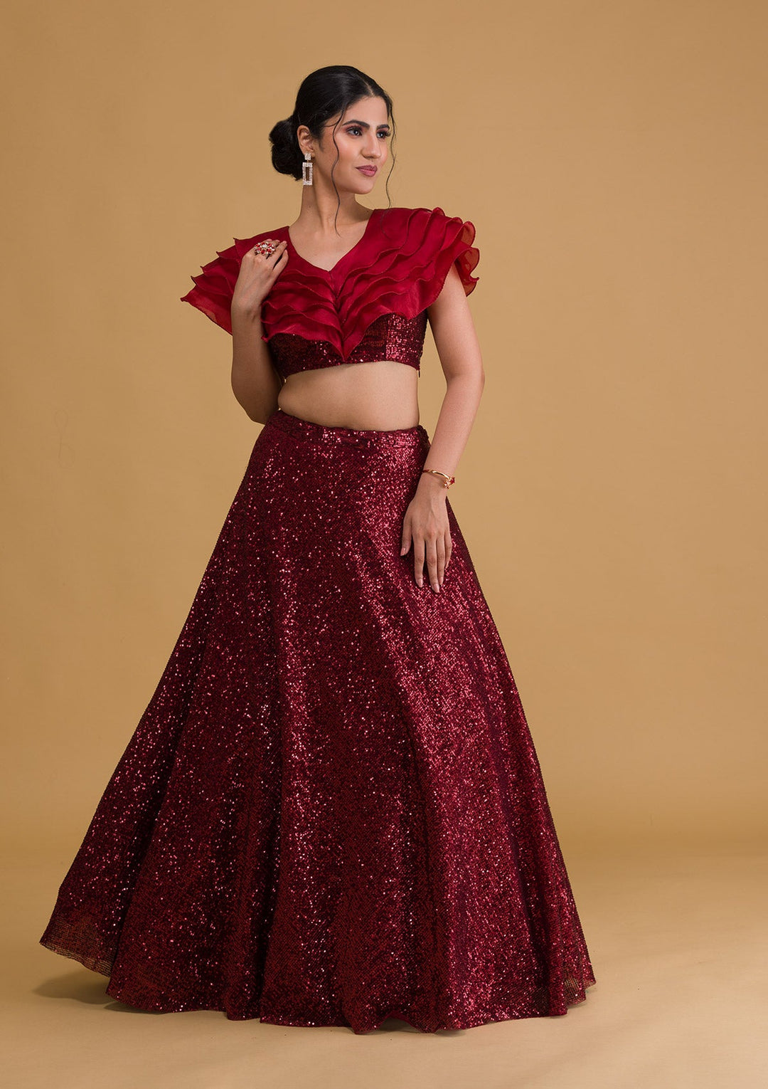 Maroon Sequins Net Readymade Lehenga-Koskii