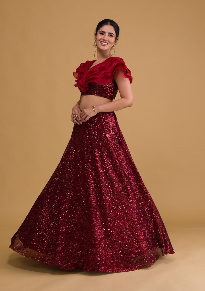 Maroon Sequins Net Readymade Lehenga-Koskii