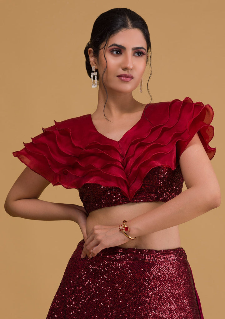 Maroon Sequins Net Readymade Lehenga-Koskii