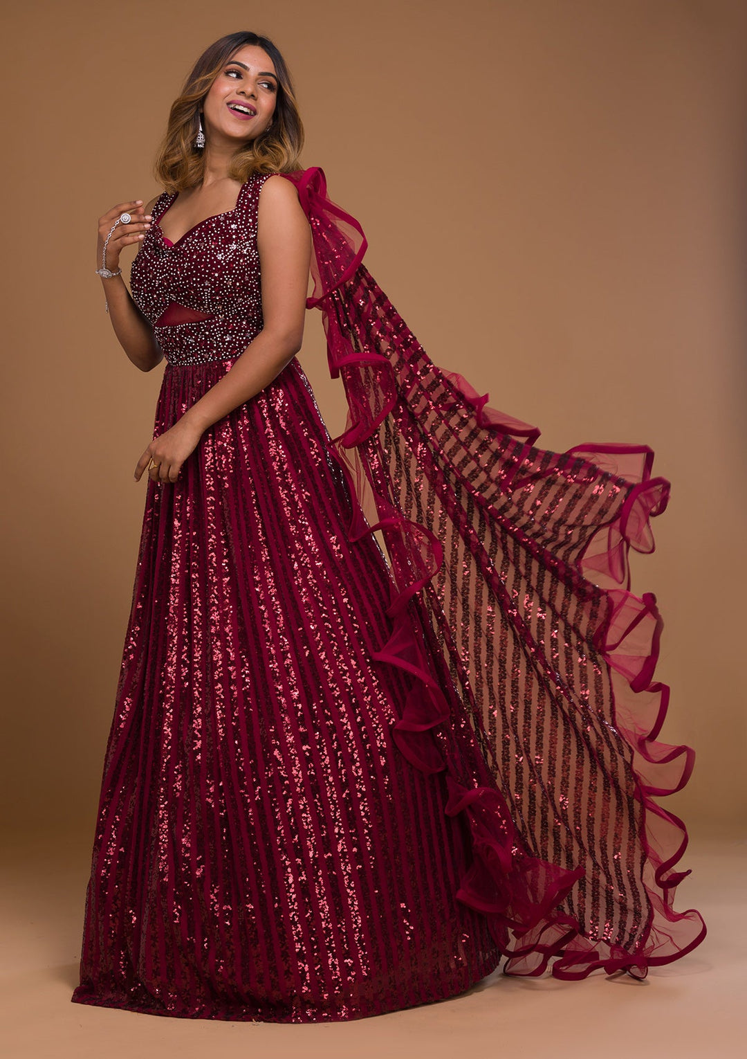 Maroon Sequins Net Designer Gown-Koskii