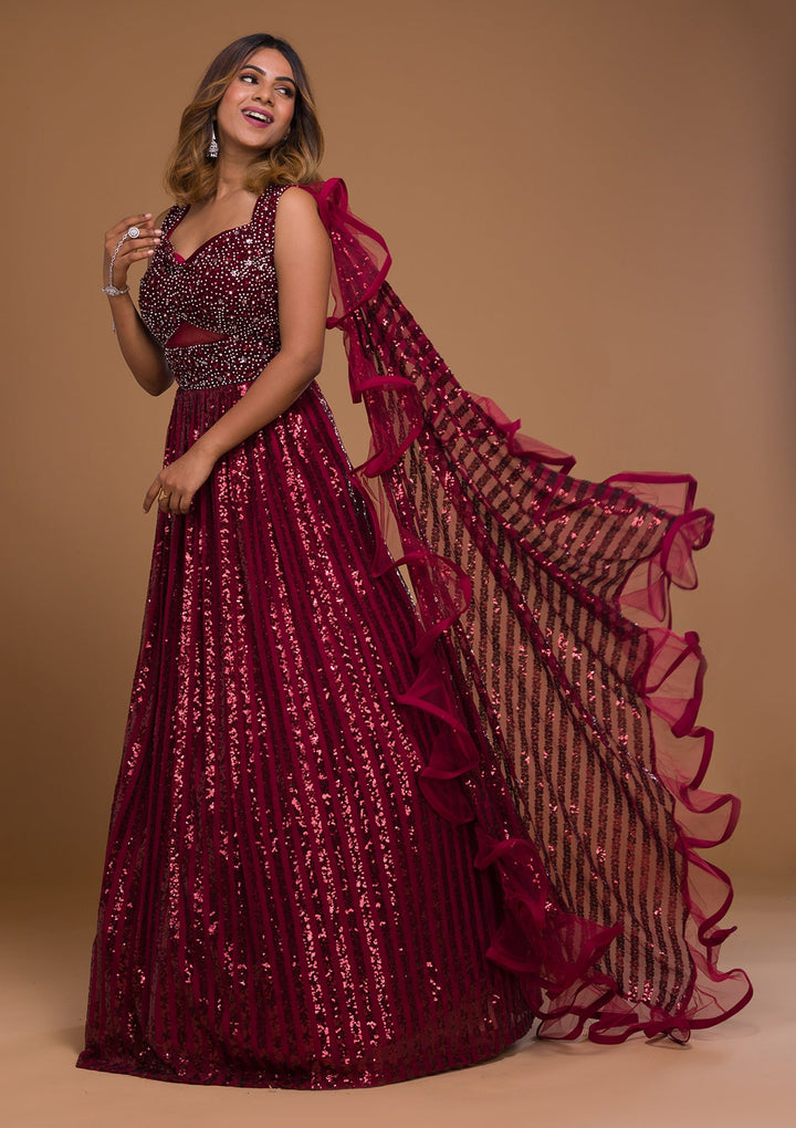 Maroon Sequins Net Designer Gown-Koskii