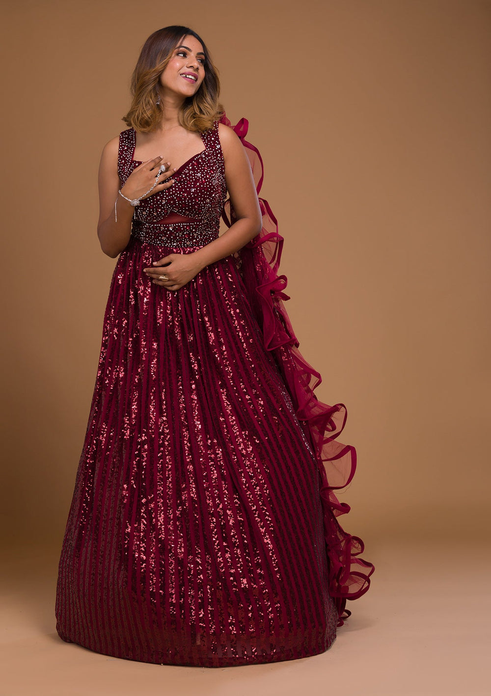 Maroon Sequins Net Designer Gown-Koskii